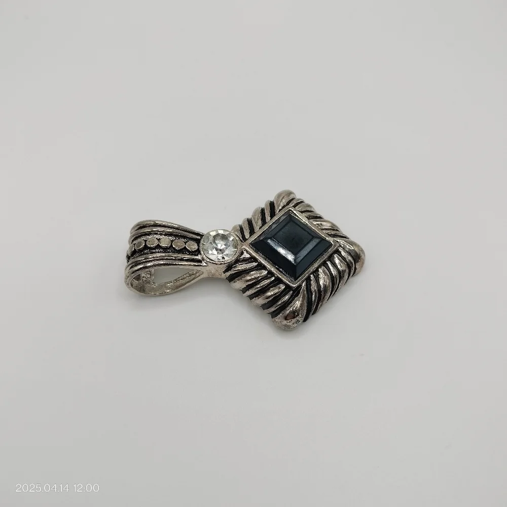 Women's Silver Tone and Black Square Pendant Accented Clear Rhinestone